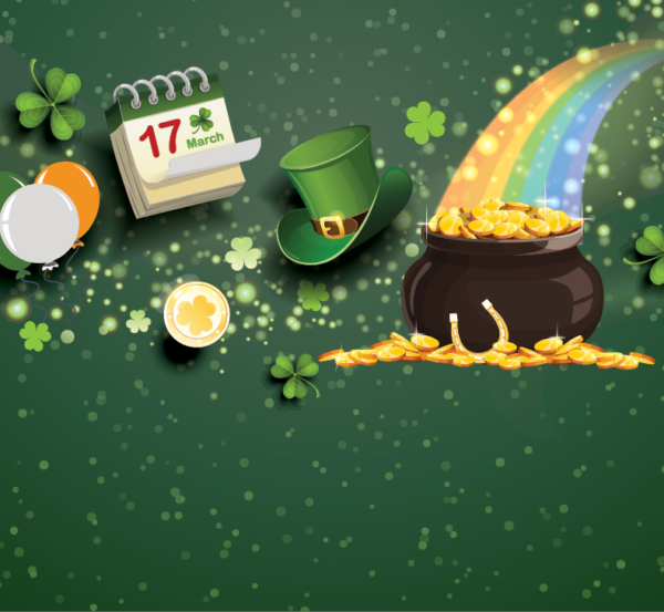 st pattys day clipart icons: rainbow and pot of gold, leprechaun hat, calendar, shamrocks, gold coin, balloons