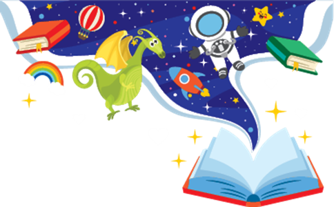 children's illustrated graphic, reading, inspiration, space, dragons, balloons